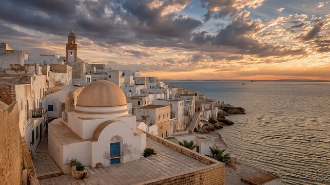 Beautiful sidi bou said tunisia cityscape travel destination mediterranean architecture white buildings sunset view