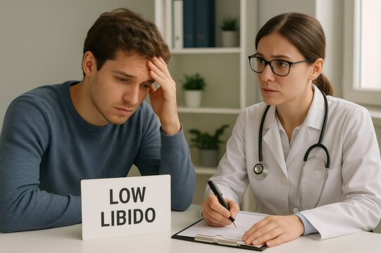 Worried doctor taking notes while visiting a sad patient suffering from low libido in her bright medical office