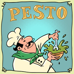 Fototapeta premium Chef making pesto. Logo of an Italian chef, preparing a traditional dish. Sauce for pizza and pasta.