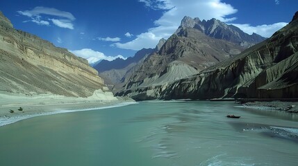 Scenic view of the Indus River, a historic waterway flowing through Pakistan and India, featuring calm waters, fertile riverbanks, traditional boats, rural villages, and lush vegetation