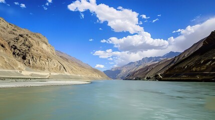 Scenic view of the Indus River, a historic waterway flowing through Pakistan and India, featuring calm waters, fertile riverbanks, traditional boats, rural villages, and lush vegetation