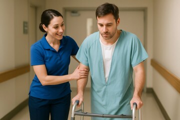 Obraz premium Nurse carefully assisting a male patient to walk using a walker in a hospital corridor, providing post surgery rehabilitation and support