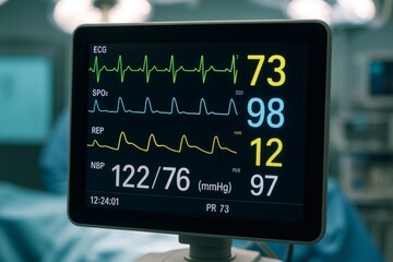 Vital signs monitor showing real time patient data during surgery, ensuring accurate monitoring and care in operating room