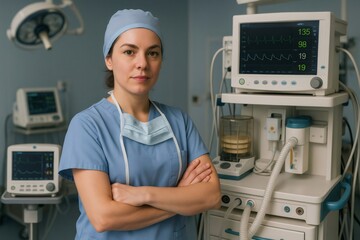 Portrait of a female anesthesiologist standing with crossed arms in front of medical equipment in a hospital operating room