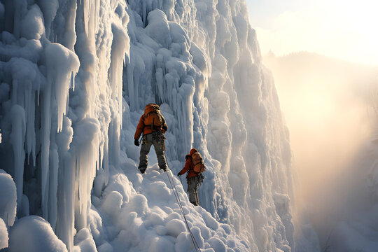 Climber ascends frozen waterfall in winter landscape during early morning light near mountain range