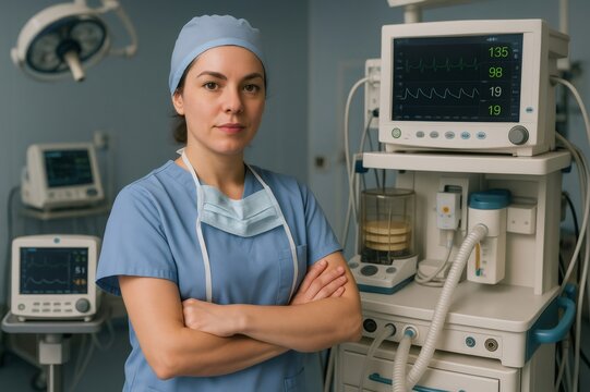 Portrait of a female anesthesiologist standing with crossed arms in front of medical equipment in a hospital operating room