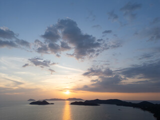 Sunset Over Tropical Islands and Ocean Horizon in Thailand