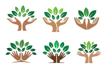 Hands Holding Tree with Green Leaves Vector