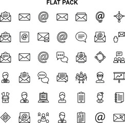 A flat pack of black outline icons representing email, digital communication, and business concepts.
