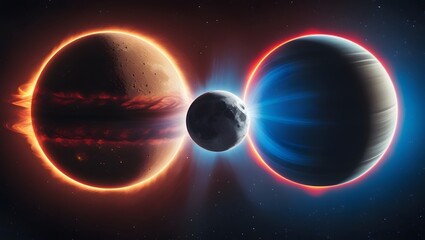 Fototapeta premium Sci-Fi Cosmic Scene: Moon Suspended Between Glowing Red and Blue Planets 