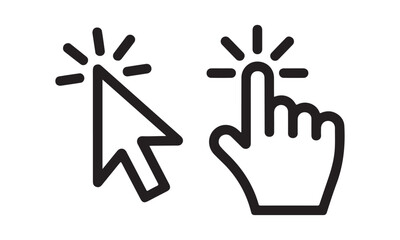 Pointer cursor hand icon clicking computer mouse click button. Web interface UI element. Digital navigation arrow symbol. Vector illustration click gesture finger point