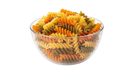 Isolated Tricolor Rotini Pasta in Glass Bowl