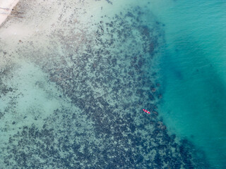 Aerial View of Tropical Shoreline with Kayak in Turquoise Water