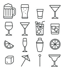Outline icons of beer, cocktails, and drink accessories on dark background