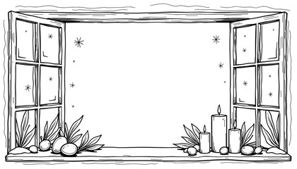 Fototapeta premium Abstract winter frame with candles in windows – Cute coloring design for kids