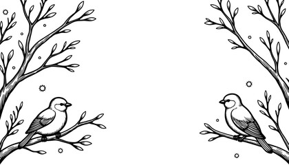 Abstract winter frame with birds on branches – Cute coloring book design for kids