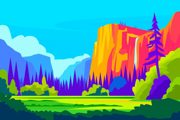 Colorful vector landscape of Yosemite valley with vibrant cliffs, pine forest, and waterfall in stylized flat illustration
