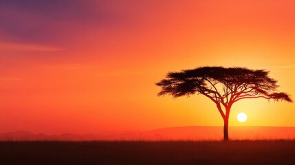 Majestic silhouette of a single tree at sunset, with vibrant colors painting the sky and horizon