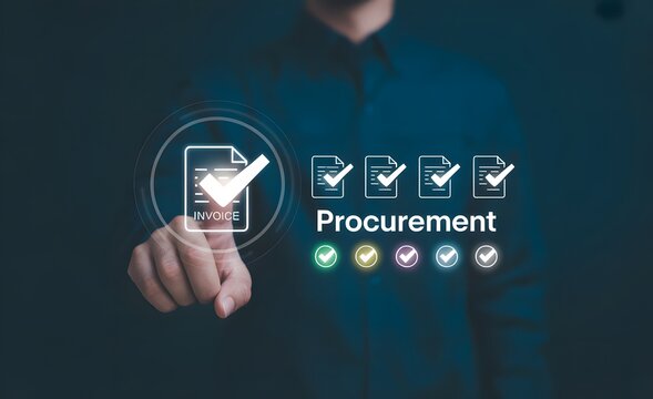 Procurement Progress: An illustrated business professional in the modern workspace interacts with a virtual procurement process interface, signifying efficiency, data driven decision.
