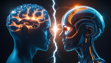 Obraz premium Digital Divide: Hyper-Realistic Concept of Human Mind vs. AI Brain in Cinematic Light 