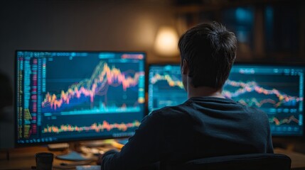 Fototapeta premium Man Analyzing Financial Market Data on Monitors