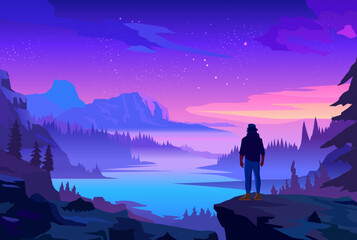 Majestic night landscape with person overlooking lake and mountains under starry sky at twilight in vector illustration
