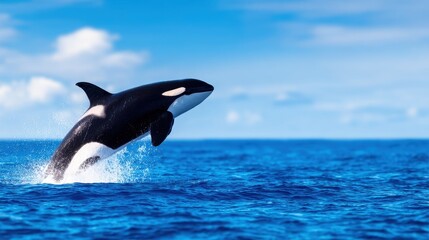 Fototapeta premium Majestic orca breaching the ocean surface against a vivid blue sky, showcasing nature's beauty and power