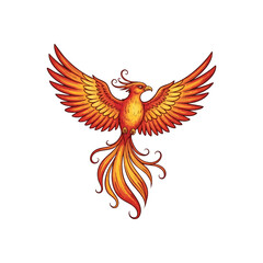 Obraz premium (Fiery Phoenix Mythical Bird Emblem. A vibrant illustration of the legendary creature. Its bright plumage and outstretched wings signify strength, renewal, and endless resilience.)