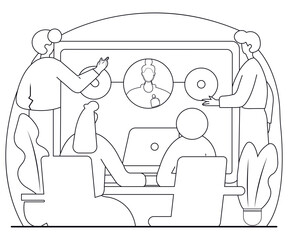 Minimal Flat Line Art Design of Employees Using Collaborative Tools on a Large Touchscreen Wall with Remote Teammates Joining Virtually in a Futuristic Office Environment