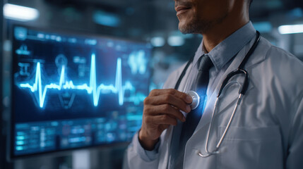 Doctor using stethoscope with digital heart rate graph overlay in modern hospital