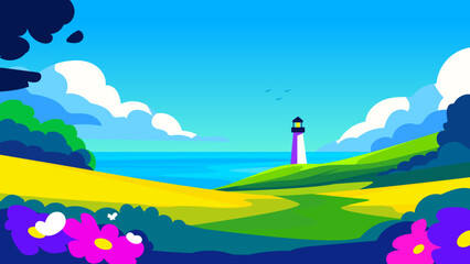 Colorful coastal landscape with lighthouse, ocean view, rolling hills, and vibrant flowers in flat vector style
