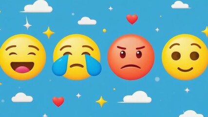 Colorful emoji expressions on a bright blue background with whimsical clouds and hearts - Powered by Adobe
