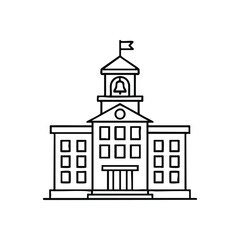 (University Building Icon. Clean illustration of an educational facility with a prominent belfry and banner. Symbolizes progress, enlightenment, and community.)