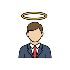 (Virtuous Professional with Aura. Flat design icon of a male figure in formal attire with a golden halo, symbolizing integrity, honesty, and ethical conduct.)