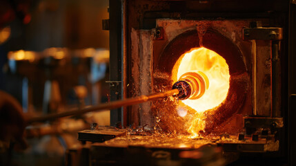 A glowing furnace with molten glass being shaped by a glassblower in a hot workshop environment filled with sparks and intense heat

