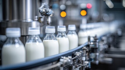 Milk Bottles On Conveyor Belt In Modern Dairy Factory