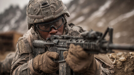 Fototapeta premium Determined infantry soldier aiming rifle in muddy rugged terrain during harsh combat training conditions