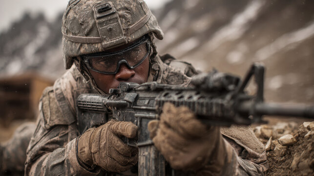 Determined infantry soldier aiming rifle in muddy rugged terrain during harsh combat training conditions