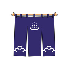 (Japanese Onsen Noren Curtain Icon. This indigo fabric banner features a classic warm bath emblem and wave patterns, symbolizing cultural relaxation and wellness.)