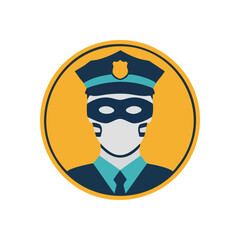 (Deceptive Authority Icon. Striking flat illustration of a figure in police attire wearing a bandit's mask. Represents corruption, betrayal, or hidden agendas within trusted systems.)