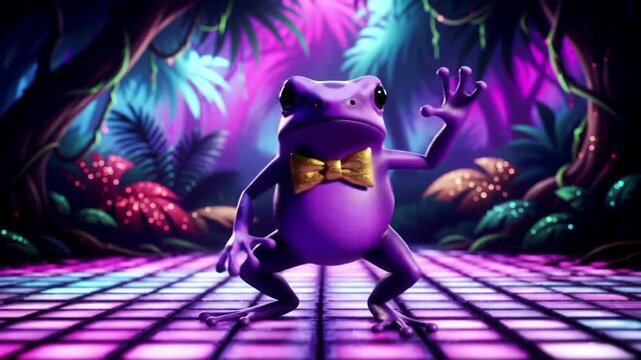 A purple frog wearing a gold bow tie dancing energetically on a vibrant grid floor in a colorful jungle at night with a lively atmosphere.