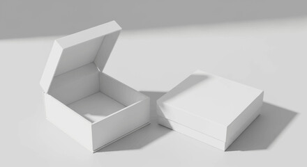 Elegant white gift box open and closed, ready for luxury product presentation, showcasing clean design and premium packaging possibilities with soft shadows