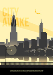 Minimalist cityscape at sunrise with bold text overlay, bridge, and skyline silhouette in flat vector design
