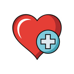 (Health and Care Icon with Cross. A vibrant red heart illustration paired with a blue medical aid symbol represents compassionate wellness and vital support for healing.)