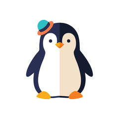 (Stylish Penguin in Blue Hat Illustration. A delightful, chic Antarctic bird wears vibrant headwear. This modern, flat design graphic embodies joy and cheer, ideal for playful themes.)