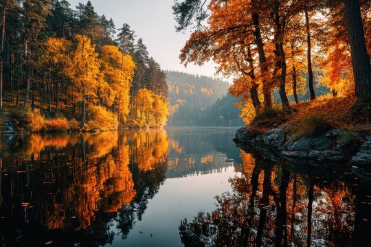 Scenic lake reflecting the colorful autumn trees of Norway on a cloudy day