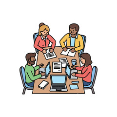 (Productive Team Meeting. A diverse group of professionals actively participates in a dynamic business session, fostering cooperation and innovation.)