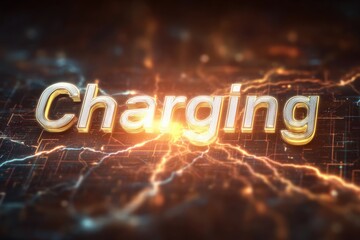 The word charging illuminates with bright sparks and electric energy, surrounded by a dark background. Lightning effects enhance the futuristic vibe of the scene, creating dynamic visual energy.