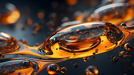 Beautiful abstract liquid shapes with bubbles creating an orange and gold color scheme in a dark background