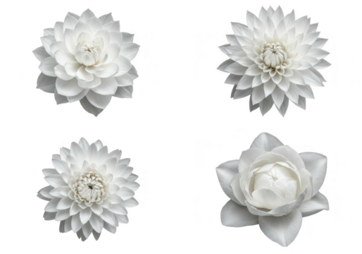 Photo of a collection of four white dahlia and camellia flowers isolated on transparent background, showcasing their intricate petal patterns